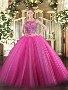 Sexy Floor Length Hot Pink Quince Ball Gowns Scoop Sleeveless Lace Up