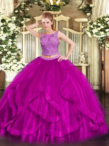 Colorful Fuchsia Organza Zipper Scoop Sleeveless Floor Length Ball Gown Prom Dress Beading and Ruffles