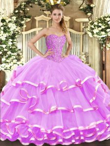Pretty Sleeveless Organza Floor Length Lace Up Sweet 16 Dresses in Lilac with Beading and Ruffled Layers