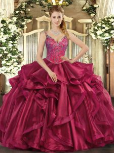 Elegant Wine Red Sleeveless Beading and Ruffles Floor Length 15th Birthday Dress