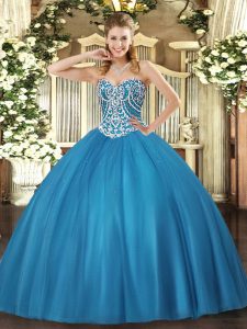 Floor Length Lace Up Ball Gown Prom Dress Baby Blue for Military Ball and Sweet 16 and Quinceanera with Beading