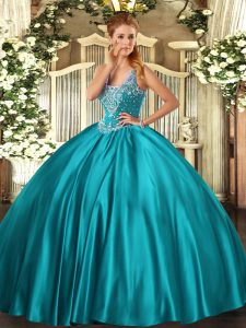 Sexy Beading Sweet 16 Dresses Teal Lace Up Sleeveless Floor Length