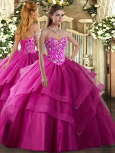 Popular Embroidery and Ruffled Layers Quinceanera Gown Fuchsia Lace Up Sleeveless Floor Length