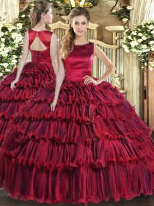 Beauteous Wine Red Sweet 16 Dresses Military Ball and Sweet 16 and Quinceanera with Ruffled Layers Scoop Sleeveless Lace Up