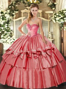 Coral Red Ball Gowns Sweetheart Sleeveless Organza and Taffeta Floor Length Lace Up Beading and Ruffled Layers 15 Quinceanera Dress