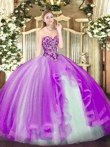 Sleeveless Floor Length Beading and Ruffles Lace Up Sweet 16 Quinceanera Dress with Lilac
