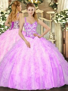 Classical Lilac Straps Lace Up Beading and Ruffles Vestidos de Quinceanera Sleeveless
