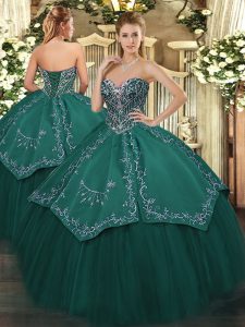 Custom Fit Floor Length Lace Up Ball Gown Prom Dress Dark Green for Military Ball and Sweet 16 and Quinceanera with Beading and Embroidery