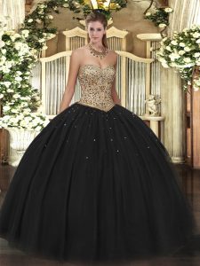 Black Tulle Lace Up Quinceanera Gown Sleeveless Floor Length Beading