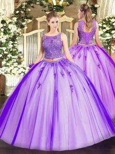 Unique Sleeveless Tulle Floor Length Lace Up Quinceanera Dress in Lavender with Beading and Appliques