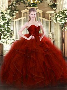 Wine Red Ball Gowns Ruffles 15 Quinceanera Dress Zipper Tulle Sleeveless Floor Length