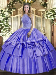 Lavender Organza and Taffeta Lace Up High-neck Sleeveless Floor Length Quince Ball Gowns Beading and Ruffled Layers