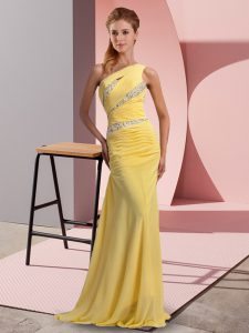 Low Price Beading Prom Evening Gown Yellow Lace Up Sleeveless Floor Length Sweep Train