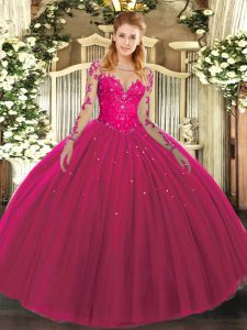 Hot Pink Ball Gowns Scoop Long Sleeves Tulle Floor Length Lace Up Lace Ball Gown Prom Dress
