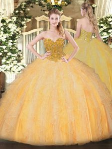 Inexpensive Sleeveless Floor Length Beading and Ruffles Lace Up Sweet 16 Quinceanera Dress with Orange