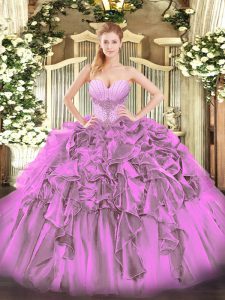Best Selling Lilac Ball Gowns Organza Sweetheart Sleeveless Beading and Ruffles Floor Length Lace Up Sweet 16 Dress