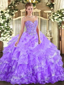 Spectacular Floor Length Lace Up Quinceanera Gown Lavender for Military Ball and Sweet 16 and Quinceanera with Embroidery and Ruffled Layers