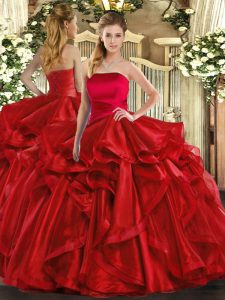 Floor Length Red Sweet 16 Dresses Strapless Sleeveless Lace Up