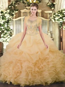 Custom Made Scoop Sleeveless Sweet 16 Quinceanera Dress Floor Length Beading and Ruffled Layers Champagne Tulle