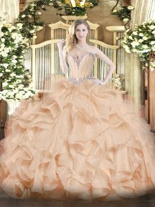 Latest Sleeveless Floor Length Beading and Ruffles Lace Up 15th Birthday Dress with Peach