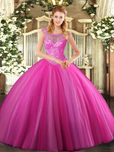 Floor Length Hot Pink Quinceanera Gowns Scoop Sleeveless Lace Up