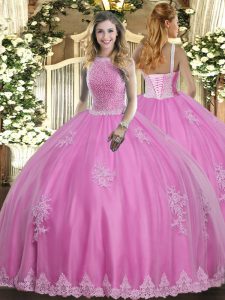 Dazzling Rose Pink Ball Gowns Beading and Appliques Sweet 16 Quinceanera Dress Lace Up Tulle Sleeveless Floor Length