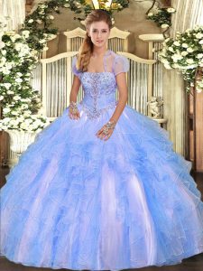 Floor Length Baby Blue Quince Ball Gowns Strapless Sleeveless Lace Up