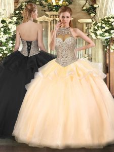 Gorgeous Peach Ball Gowns Tulle Halter Top Sleeveless Beading Floor Length Lace Up Vestidos de Quinceanera