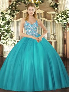 Teal Lace Up Straps Beading and Ruffles Quinceanera Dresses Tulle Sleeveless