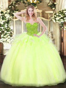 Inexpensive Yellow Green Sleeveless Organza Lace Up Quinceanera Dress for Military Ball and Sweet 16 and Quinceanera