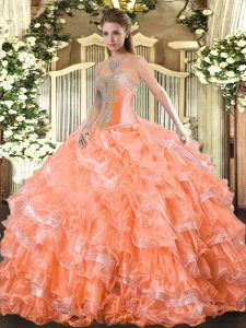 Sweet Beading and Ruffled Layers Quinceanera Gowns Orange Red Lace Up Sleeveless Floor Length