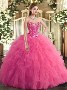 Sleeveless Embroidery and Ruffles Lace Up Quinceanera Gown with Hot Pink