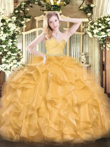 Flare Gold Sleeveless Beading and Lace and Ruffles Floor Length Vestidos de Quinceanera