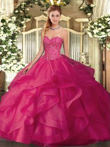 Flirting Sweetheart Sleeveless Tulle Vestidos de Quinceanera Beading and Ruffles Lace Up