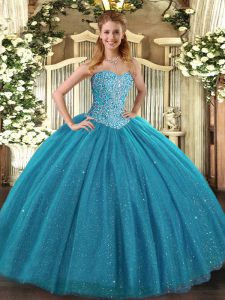 Sleeveless Tulle Floor Length Lace Up 15 Quinceanera Dress in Teal with Beading