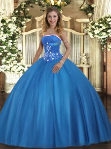 Fine Baby Blue Lace Up 15th Birthday Dress Beading Sleeveless Floor Length