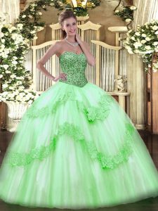 Custom Fit Tulle Sleeveless Floor Length Quince Ball Gowns and Beading and Appliques and Ruffles