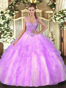Glamorous Tulle Straps Sleeveless Lace Up Beading and Ruffles Quinceanera Gowns in Lilac