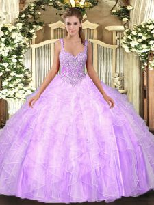 Customized Beading and Ruffles Quince Ball Gowns Lilac Lace Up Sleeveless Floor Length