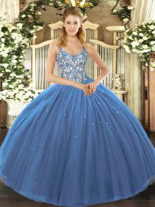 Navy Blue Sleeveless Tulle Lace Up Quinceanera Dresses for Sweet 16 and Quinceanera