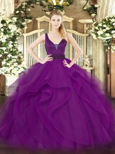 Simple Purple Ball Gowns Beading and Ruffles 15 Quinceanera Dress Zipper Tulle Sleeveless Floor Length