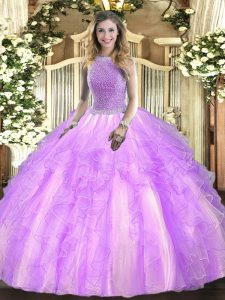 Exquisite Square Sleeveless Tulle Quinceanera Dresses Beading and Ruffles Lace Up