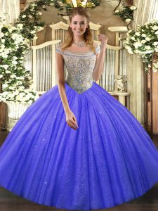 Dazzling Ball Gowns Vestidos de Quinceanera Blue Off The Shoulder Tulle and Sequined Sleeveless Floor Length Lace Up