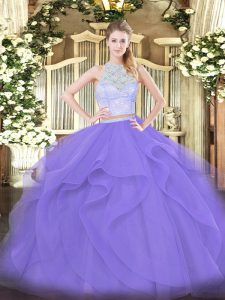 Tulle Scoop Sleeveless Zipper Lace and Ruffles 15 Quinceanera Dress in Lavender