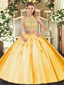 Gold Tulle Criss Cross Ball Gown Prom Dress Sleeveless Floor Length Beading and Appliques