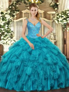 V-neck Sleeveless Quinceanera Gown Floor Length Beading and Ruffles Teal Organza