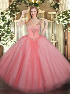 Deluxe Watermelon Red Sleeveless Floor Length Beading Lace Up Quince Ball Gowns