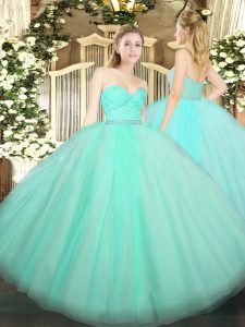 Exquisite Apple Green Ball Gowns Tulle Sweetheart Sleeveless Beading and Lace Floor Length Zipper Vestidos de Quinceanera
