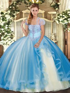 Baby Blue Ball Gowns Appliques and Ruffles Quince Ball Gowns Lace Up Tulle Sleeveless Floor Length