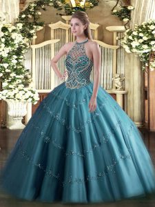 Great Halter Top Sleeveless Lace Up Quinceanera Dress Teal Tulle